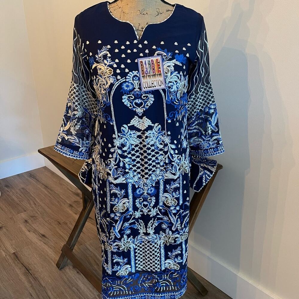 Blue and Silver Embroidered Tunic Size Small Made in Pakistan